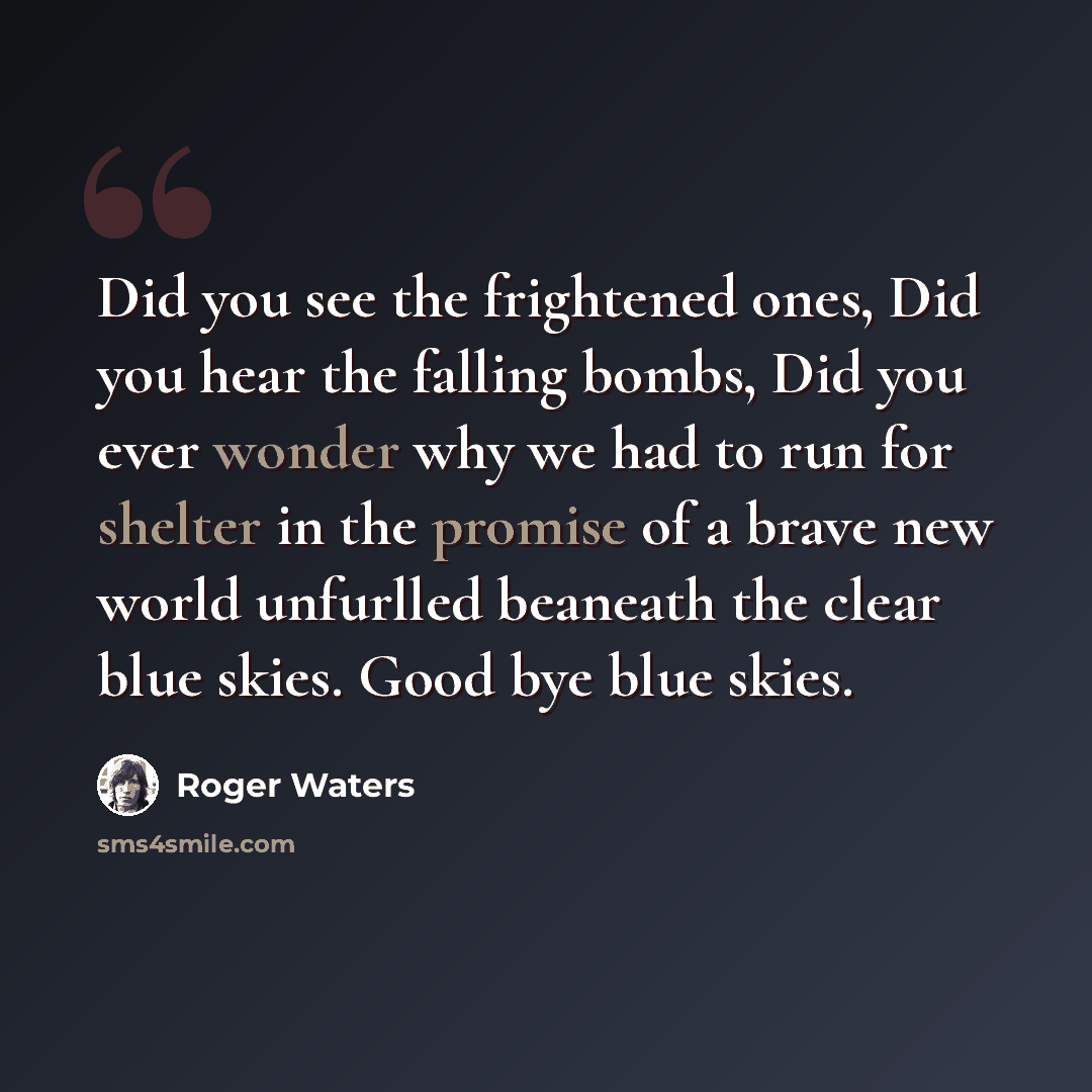 “Did you see the frightened ones, Did you hear the falling bombs, Did you ever wonder why we had to run for shelter in the promise of a brave new world unfurlled beaneath the clear blue skies. Good bye blue skies.” quote by Roger Waters