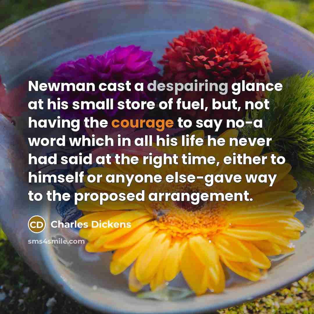 “Newman cast a despairing glance at his small store of fuel, but, not having the courage to say no-a word which in all his life he never had said at the right time, either to himself or anyone else-gave way to the proposed arrangement.” quote by Charles Dickens