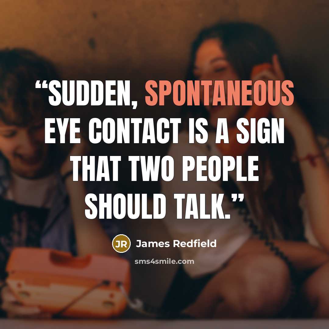 “sudden, spontaneous eye contact is a sign that two people should talk.” quote by James Redfield
