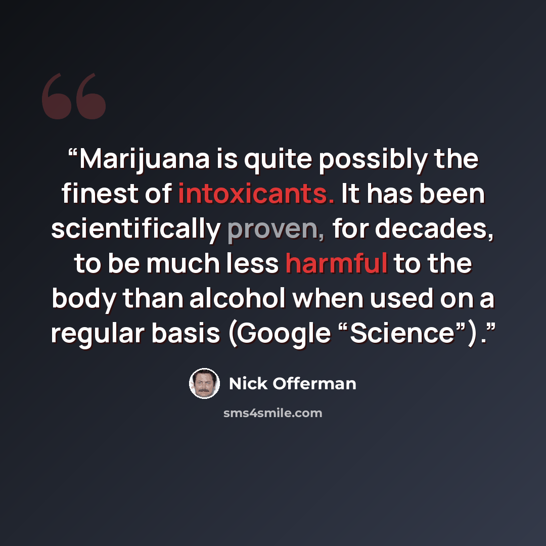 “Marijuana is quite possibly the finest of intoxicants. It has been scientifically proven, for decades, to be much less harmful to the body than alcohol when used on a regular basis (Google “Science”).” quote by Nick Offerman