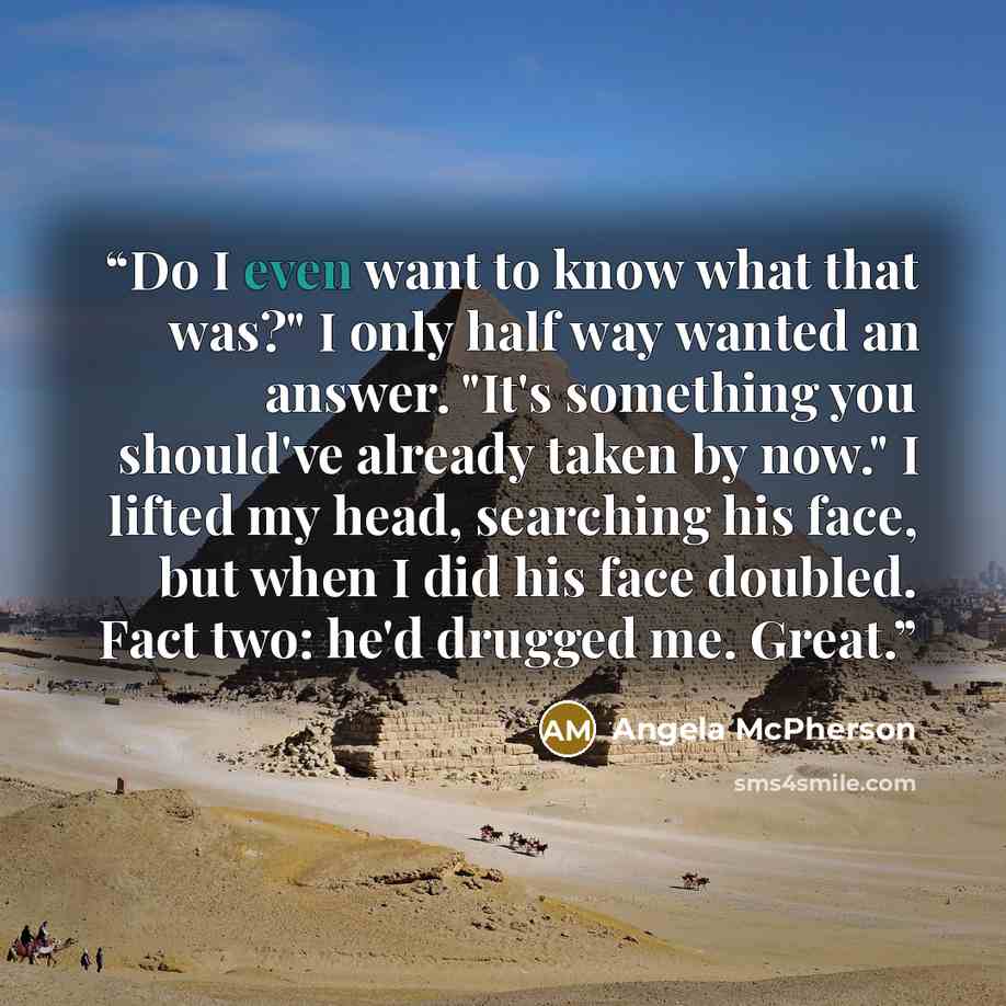 “Do I even want to know what that was?" I only half way wanted an answer. "It's something you should've already taken by now." I lifted my head, searching his face, but when I did his face doubled. Fact two: he'd drugged me. Great.” quote by Angela McPherson