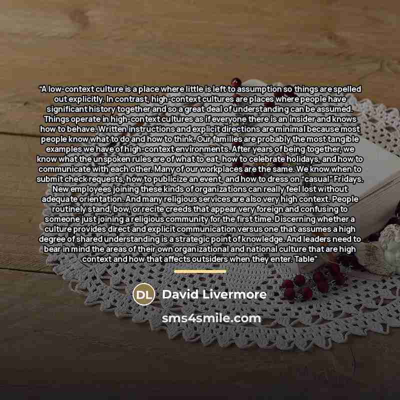 “A low-context culture is a place where little is left to assumption so things are spelled out explicitly. In contrast, high-context cultures are places where people have significant history together and so a great deal of understanding can be assumed. Things operate in high-context cultures as if…” quote by David Livermore