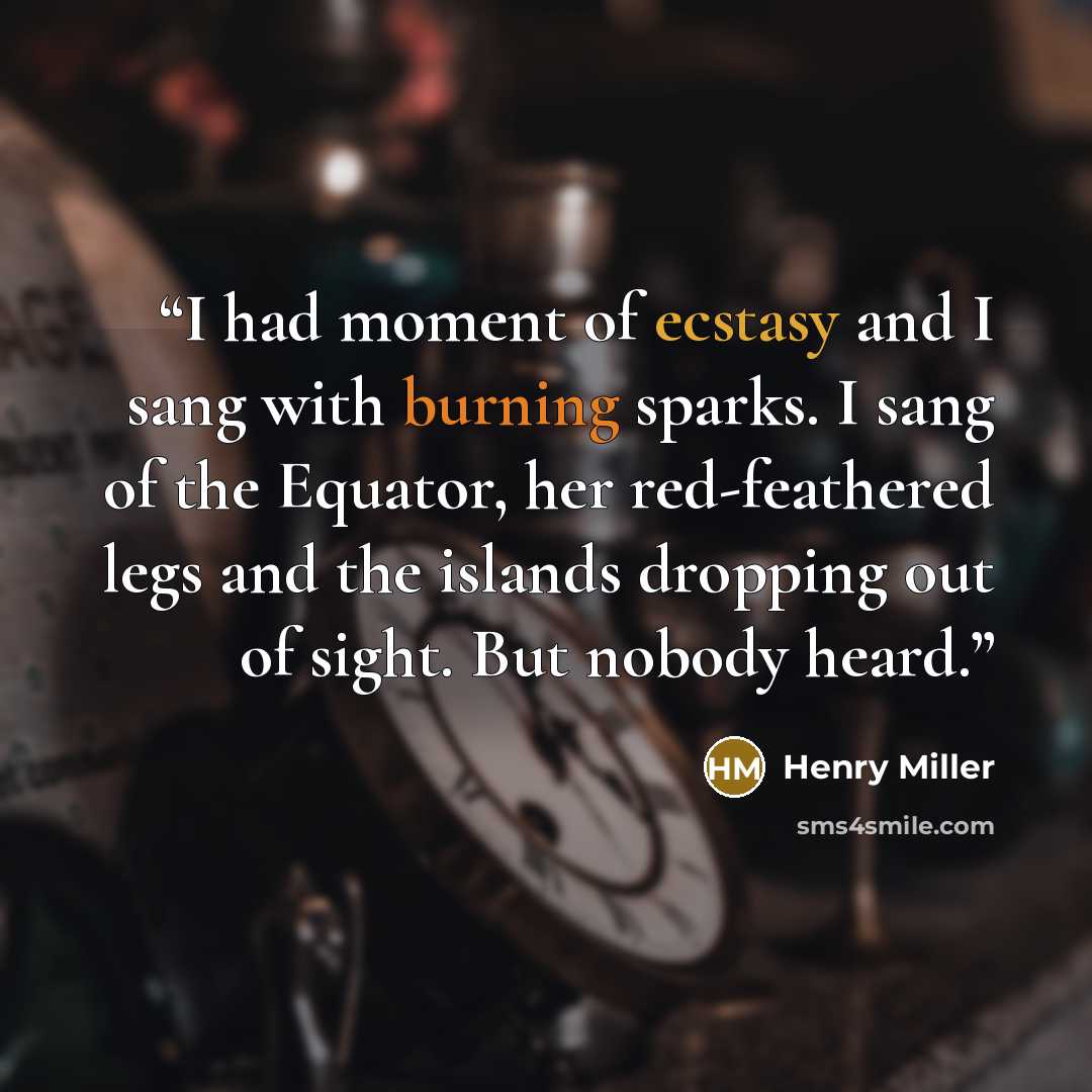 “I had moment of ecstasy and I sang with burning sparks. I sang of the Equator, her red-feathered legs and the islands dropping out of sight. But nobody heard.” quote by Henry Miller