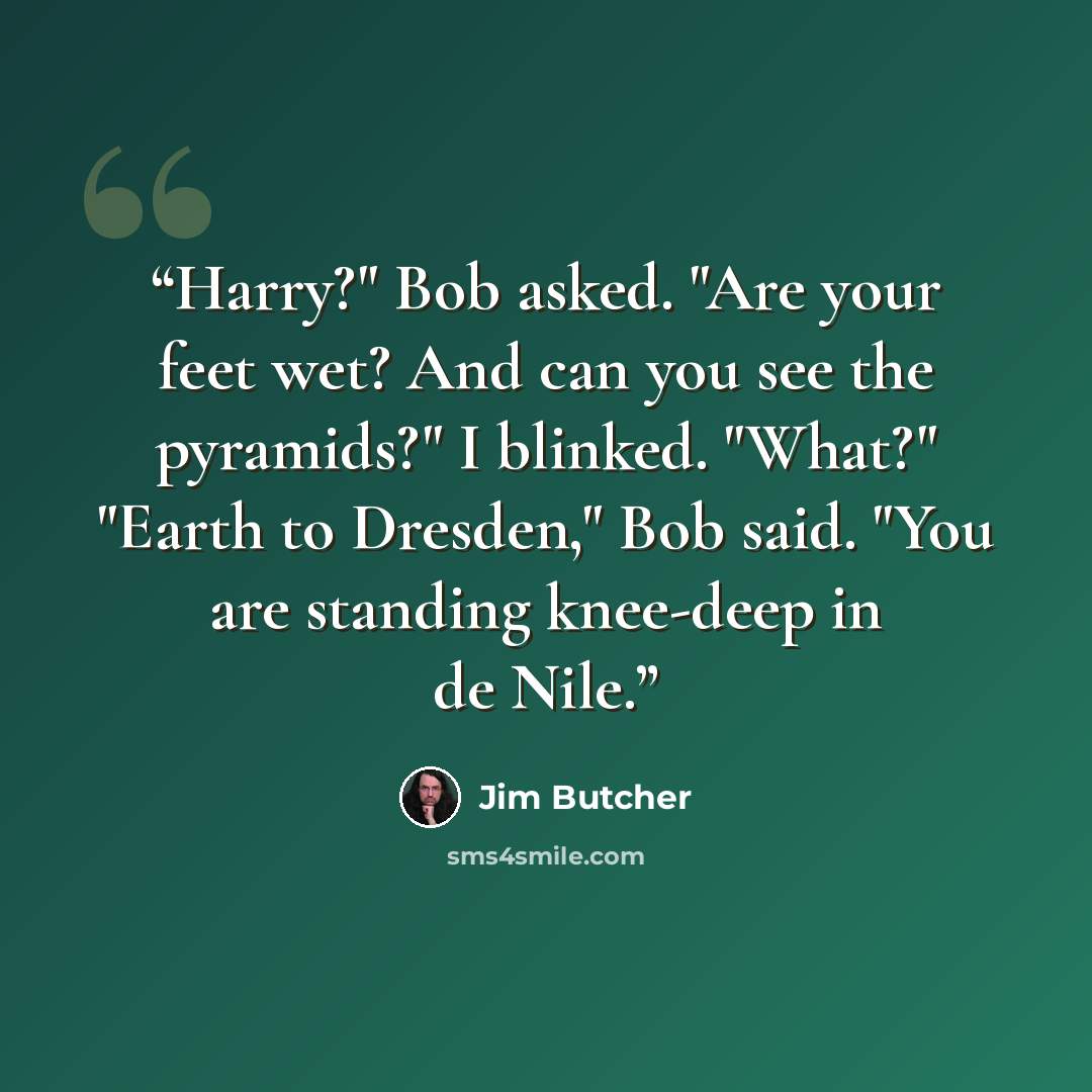 “Harry?" Bob asked. "Are your feet wet? And can you see the pyramids?" I blinked. "What?" "Earth to Dresden," Bob said. "You are standing knee-deep in de Nile.” quote by Jim Butcher