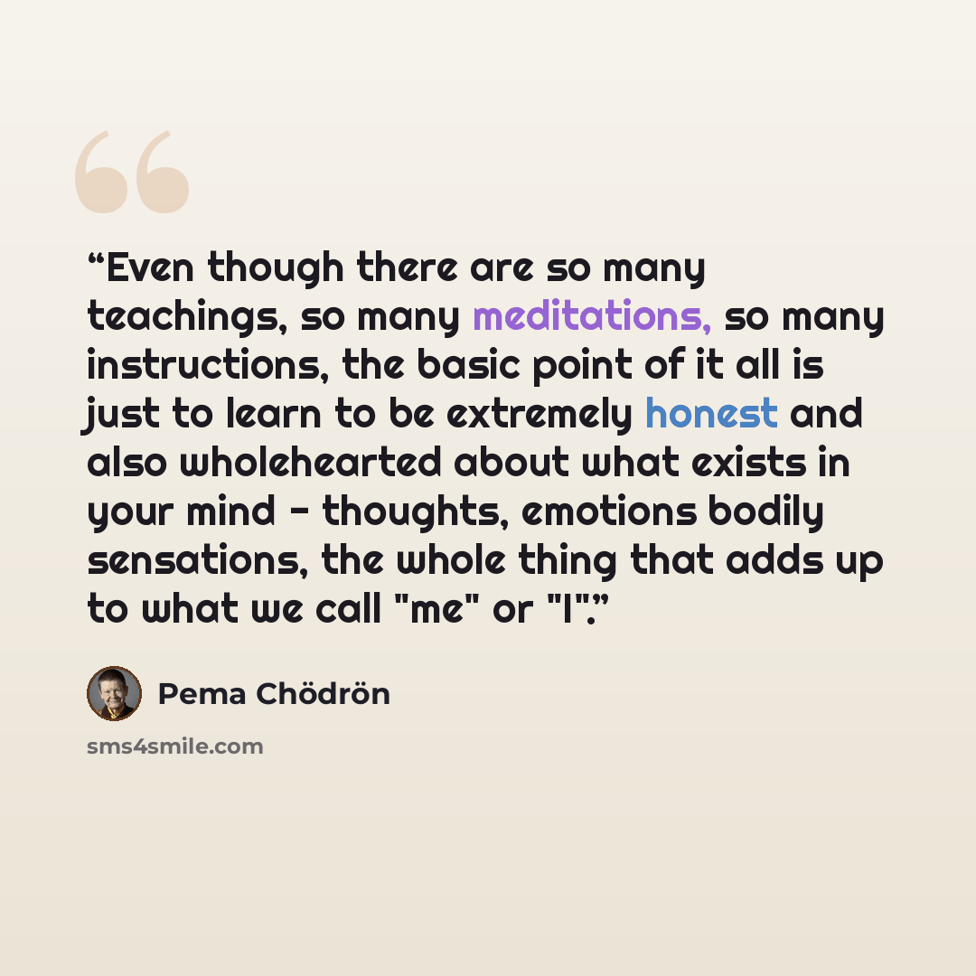 “Even though there are so many teachings, so many meditations, so many instructions, the basic point of it all is just to learn to be extremely honest and also wholehearted about what exists in your mind - thoughts, emotions bodily sensations, the whole thing that adds up to what we call "me" or "I".” quote by Pema Chödrön