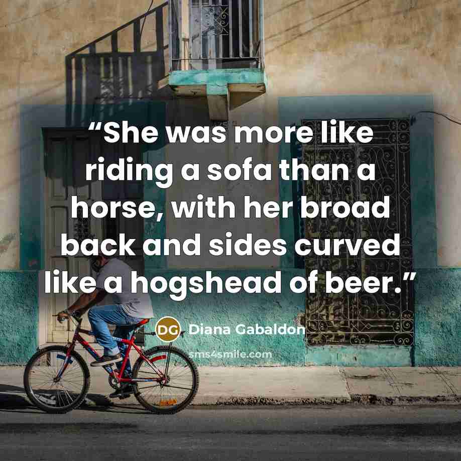 “She was more like riding a sofa than a horse, with her broad back and sides curved like a hogshead of beer.” quote by Diana Gabaldon