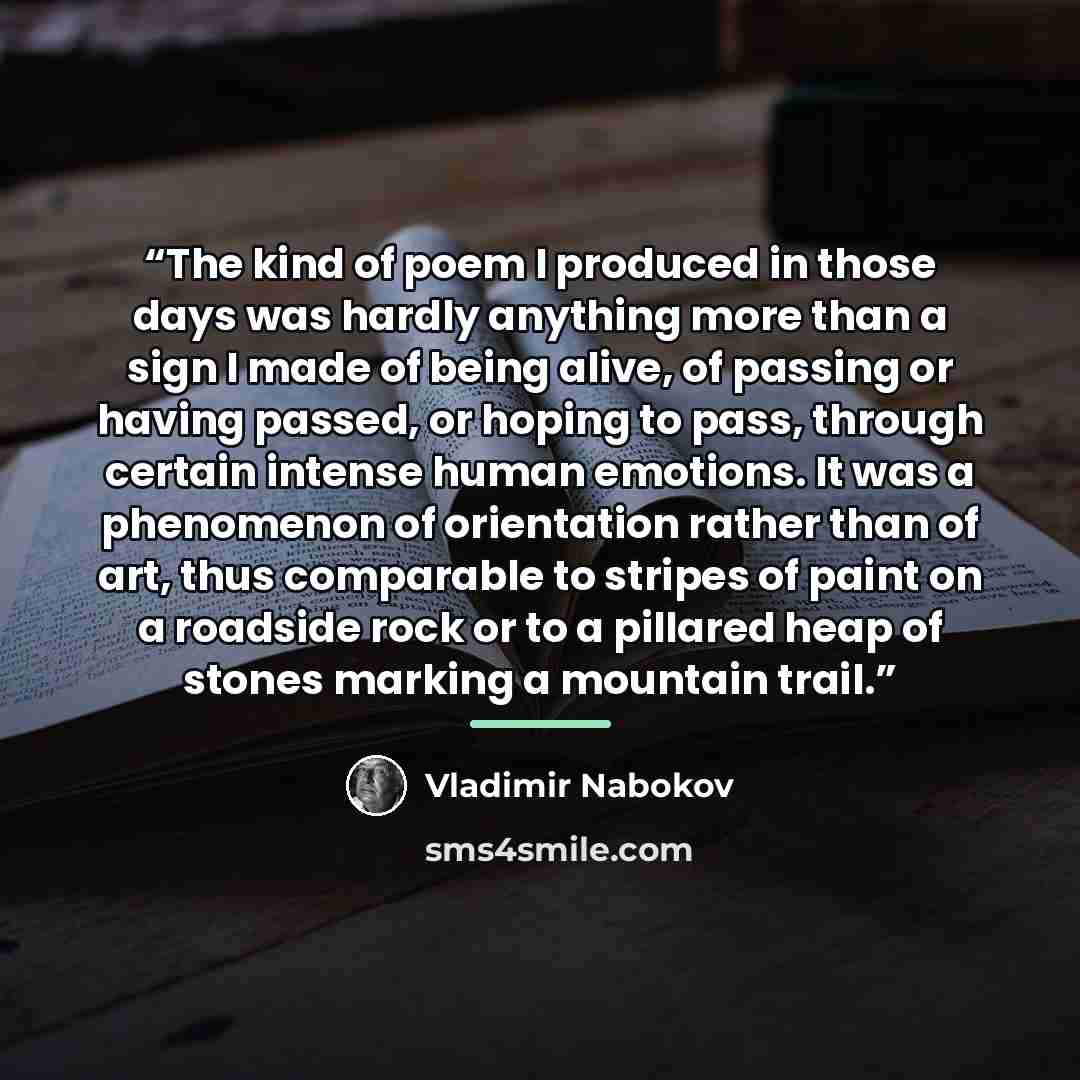 “The kind of poem I produced in those days was hardly anything more than a sign I made of being alive, of passing or having passed, or hoping to pass, through certain intense human emotions. It was a phenomenon of orientation rather than of art, thus comparable to stripes of paint on a roadside…” quote by Vladimir Nabokov