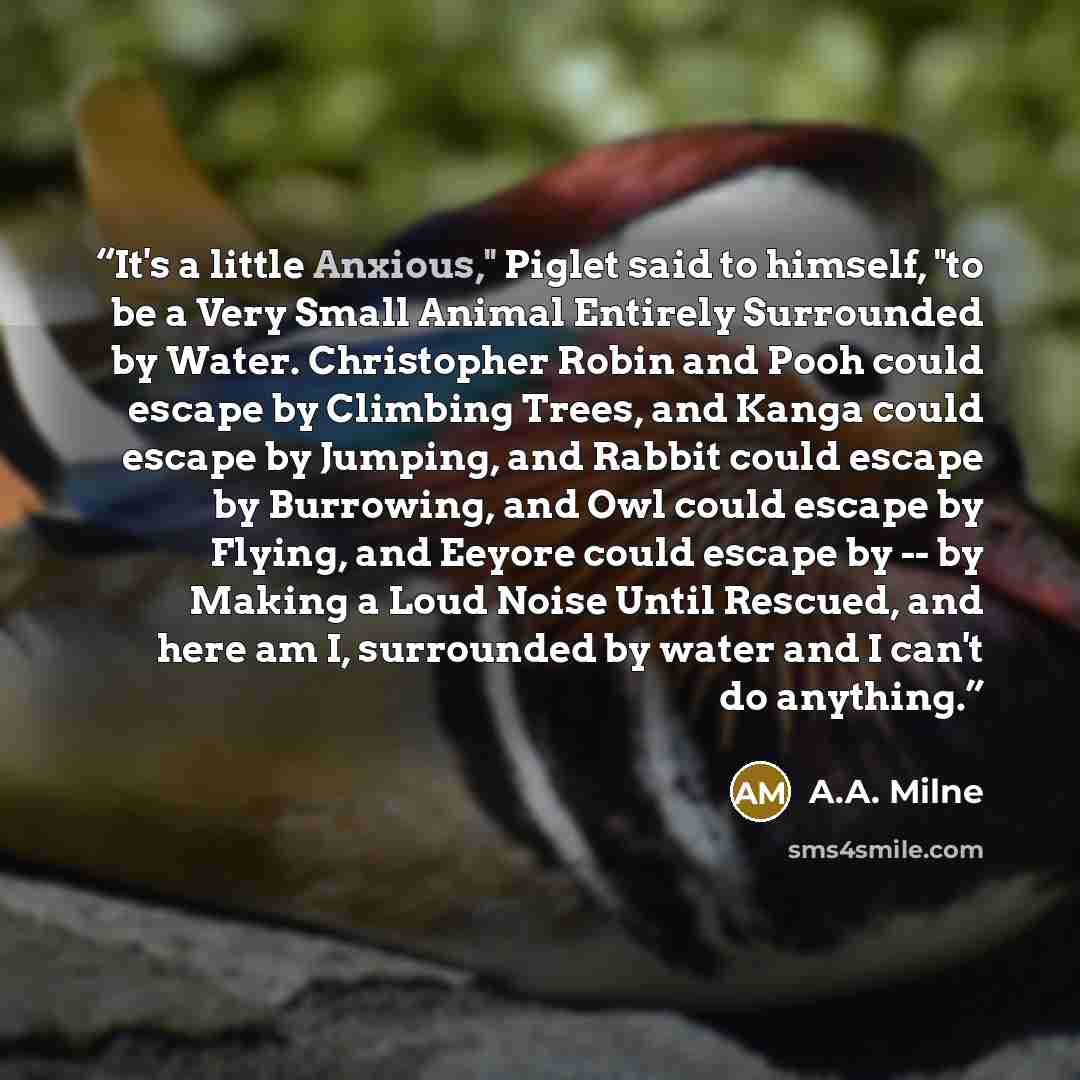 “It's a little Anxious," Piglet said to himself, "to be a Very Small Animal Entirely Surrounded by Water. Christopher Robin and Pooh could escape by Climbing Trees, and Kanga could escape by Jumping, and Rabbit could escape by Burrowing, and Owl could escape by Flying, and Eeyore could escape by…” quote by A.A. Milne