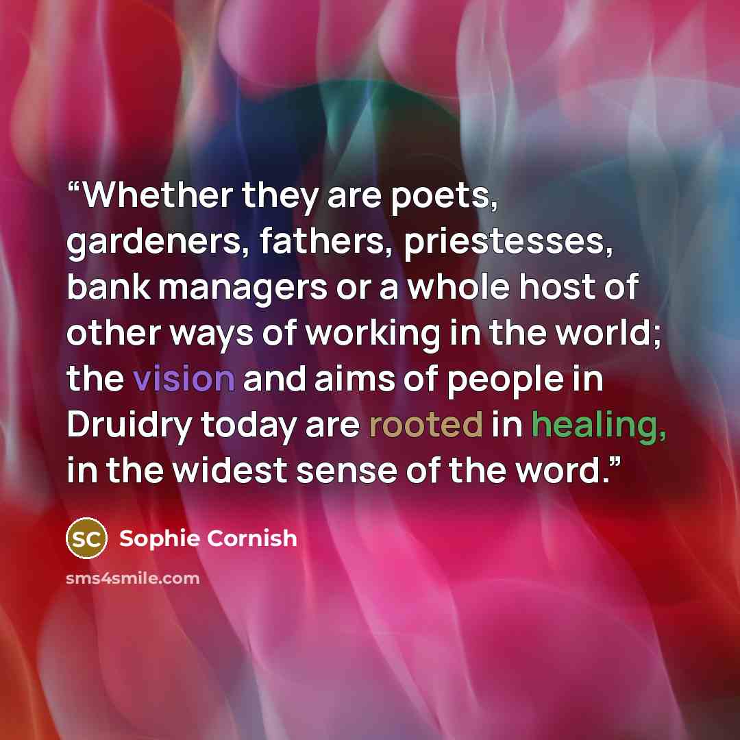 “Whether they are poets, gardeners, fathers, priestesses, bank managers or a whole host of other ways of working in the world; the vision and aims of people in Druidry today are rooted in healing, in the widest sense of the word.” quote by Sophie Cornish