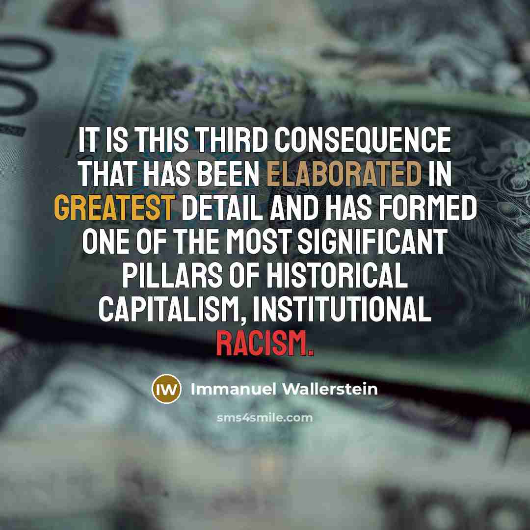 “It is this third consequence that has been elaborated in greatest detail and has formed one of the most significant pillars of historical capitalism, institutional racism.” quote by Immanuel Wallerstein