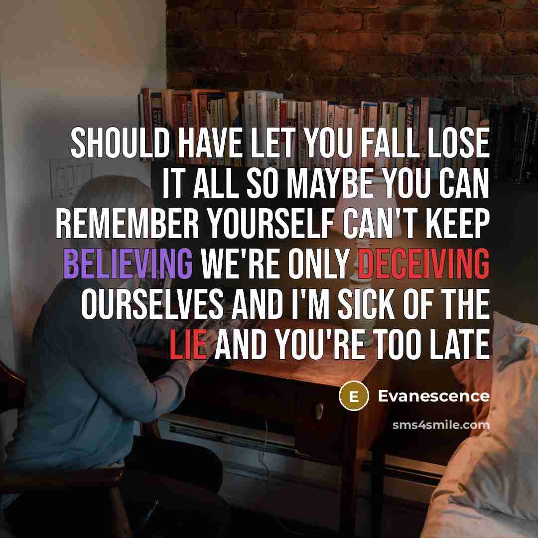 “Should have let you fall Lose it all So maybe you can remember yourself Can't keep believing We're only deceiving ourselves And I'm sick of the lie And you're too late” quote by Evanescence