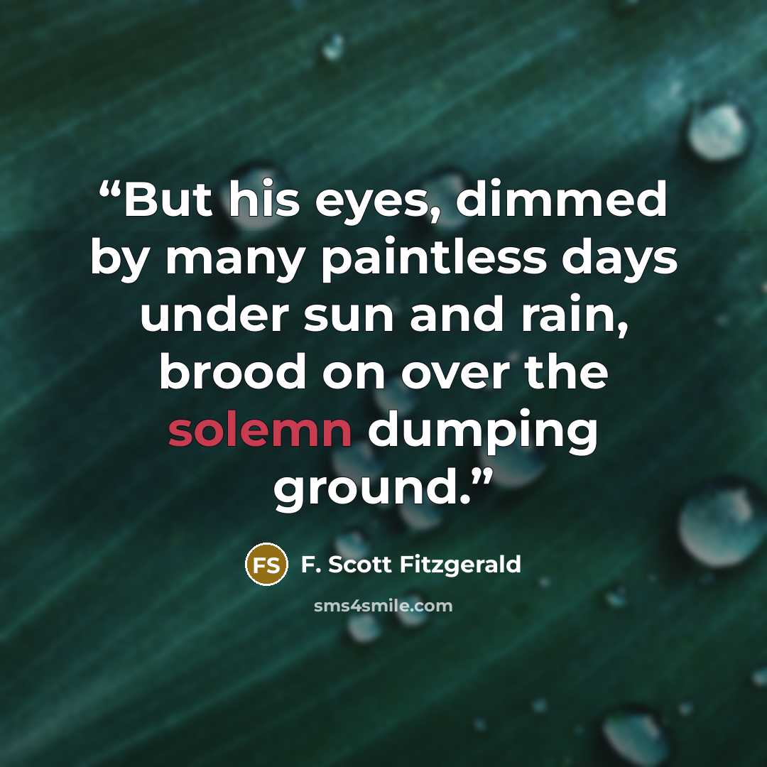 “But his eyes, dimmed by many paintless days under sun and rain, brood on over the solemn dumping ground.” quote by F. Scott Fitzgerald