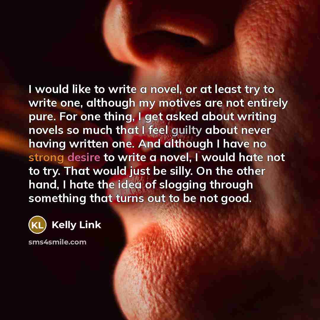 “I would like to write a novel, or at least try to write one, although my motives are not entirely pure. For one thing, I get asked about writing novels so much that I feel guilty about never having written one. And although I have no strong desire to write a novel, I would hate not to try. That…” quote by Kelly Link