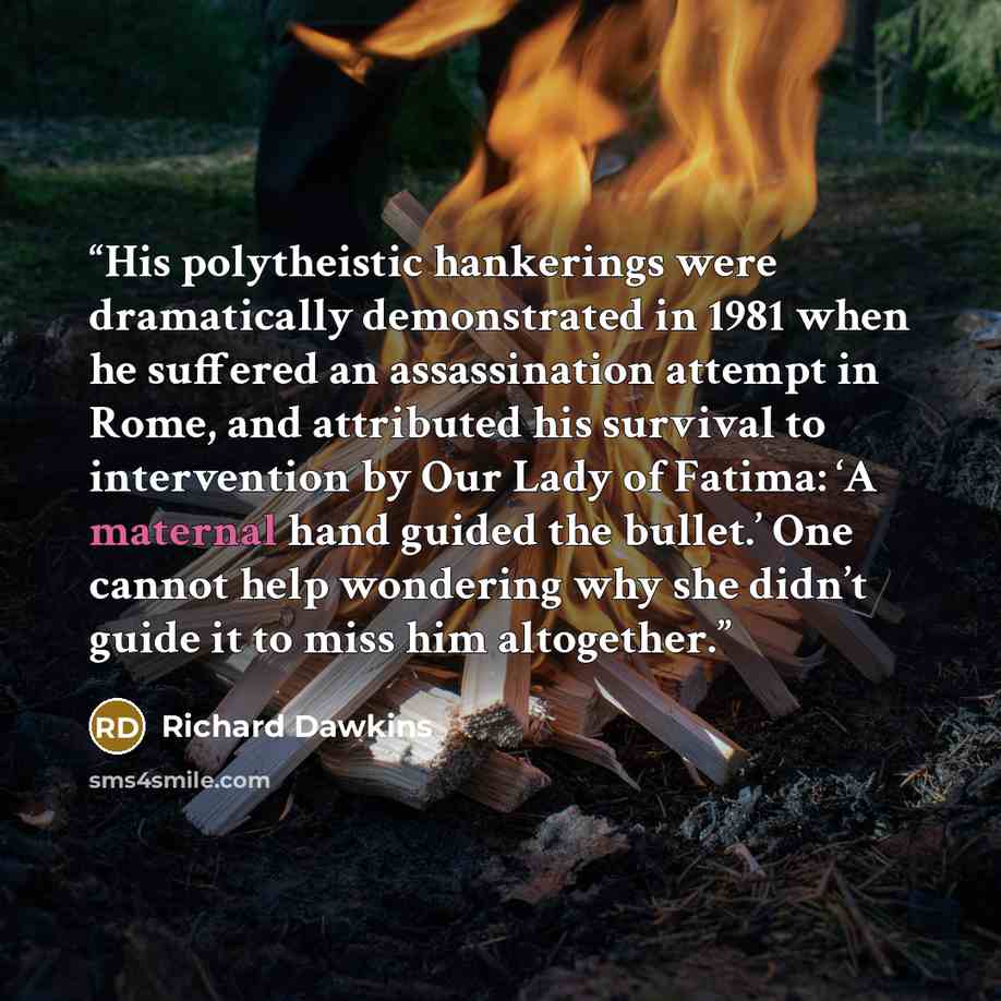“His polytheistic hankerings were dramatically demonstrated in 1981 when he suffered an assassination attempt in Rome, and attributed his survival to intervention by Our Lady of Fatima: ‘A maternal hand guided the bullet.’ One cannot help wondering why she didn’t guide it to miss him altogether.” quote by Richard Dawkins