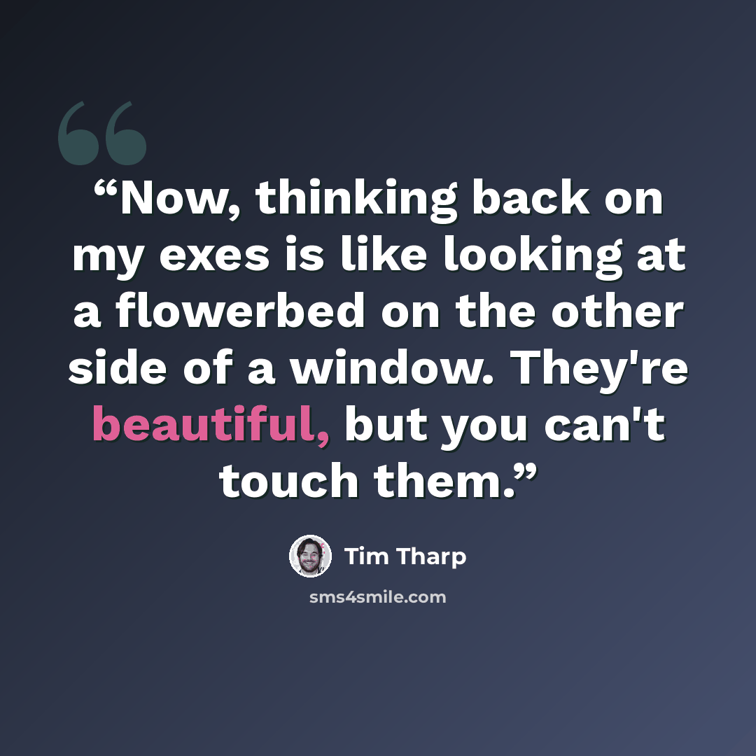 “Now, thinking back on my exes is like looking at a flowerbed on the other side of a window. They're beautiful, but you can't touch them.” quote by Tim Tharp
