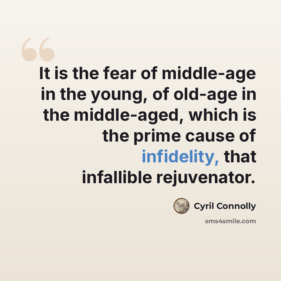 “It is the fear of middle-age in the young, of old-age in the middle-aged, which is the prime cause of infidelity, that infallible rejuvenator.” quote by Cyril Connolly