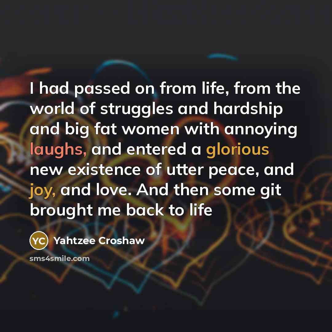 “I had passed on from life, from the world of struggles and hardship and big fat women with annoying laughs, and entered a glorious new existence of utter peace, and joy, and love. And then some git brought me back to life” quote by Yahtzee Croshaw