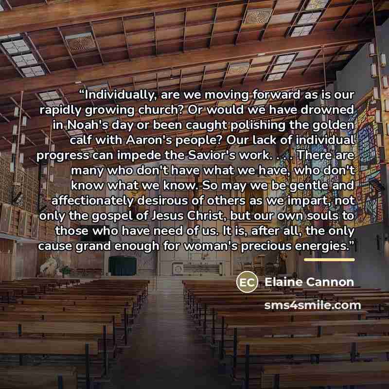 “Individually, are we moving forward as is our rapidly growing church? Or would we have drowned in Noah's day or been caught polishing the golden calf with Aaron's people? Our lack of individual progress can impede the Savior's work. . . . There are many who don't have what we have, who don't know…” quote by Elaine Cannon