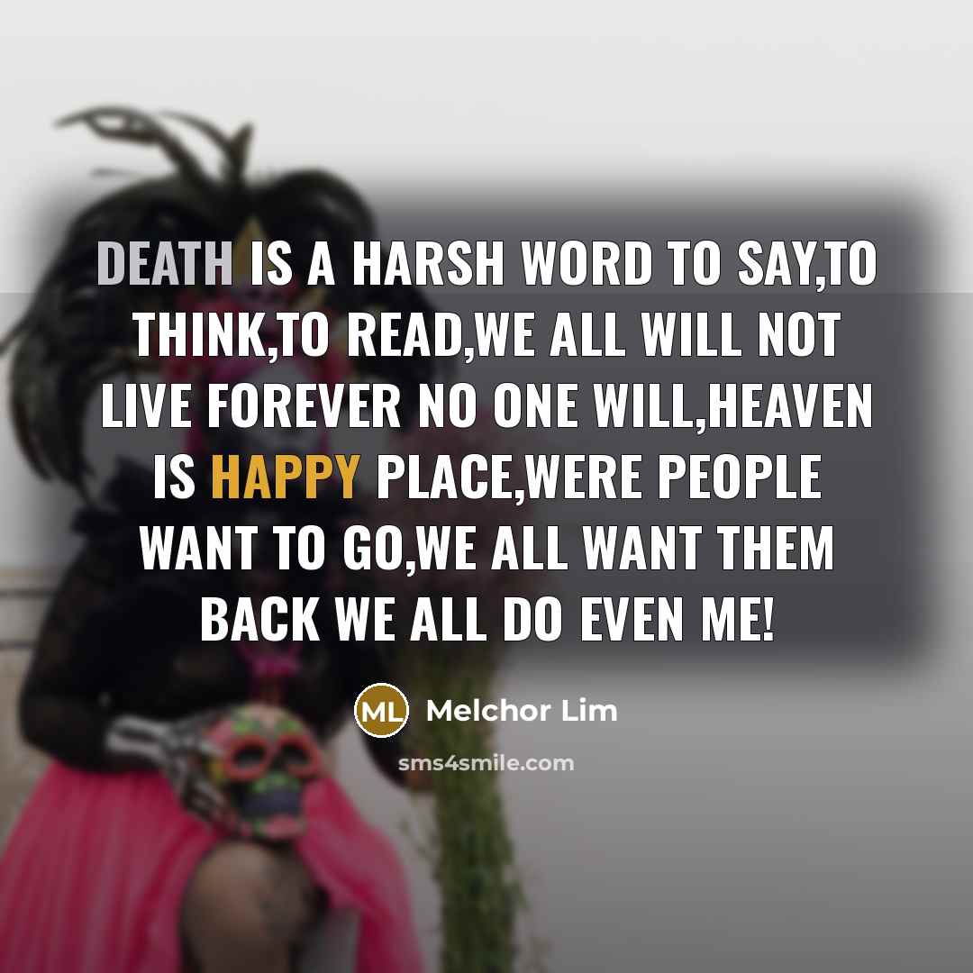 “Death is a harsh word to say,to think,to read,we all will not live forever no one will,Heaven is happy place,were people want to go,We all want them back we all do even me!” quote by Melchor Lim