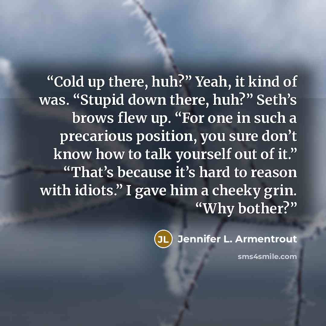 “Cold up there, huh?” Yeah, it kind of was. “Stupid down there, huh?” Seth’s brows flew up. “For one in such a precarious position, you sure don’t know how to talk yourself out of it.” “That’s because it’s hard to reason with idiots.” I gave him a cheeky grin. “Why bother?” quote by Jennifer L. Armentrout