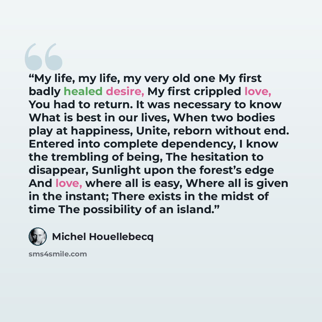 “My life, my life, my very old one My first badly healed desire, My first crippled love, You had to return. It was necessary to know What is best in our lives, When two bodies play at happiness, Unite, reborn without end. Entered into complete dependency, I know the trembling of being, The…” quote by Michel Houellebecq