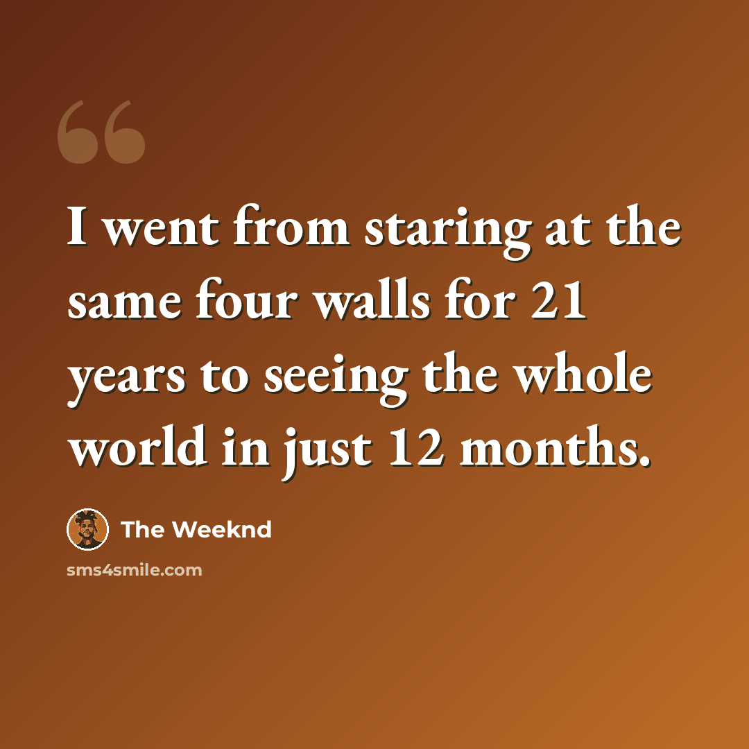 “I went from staring at the same four walls for 21 years to seeing the whole world in just 12 months.” quote by The Weeknd