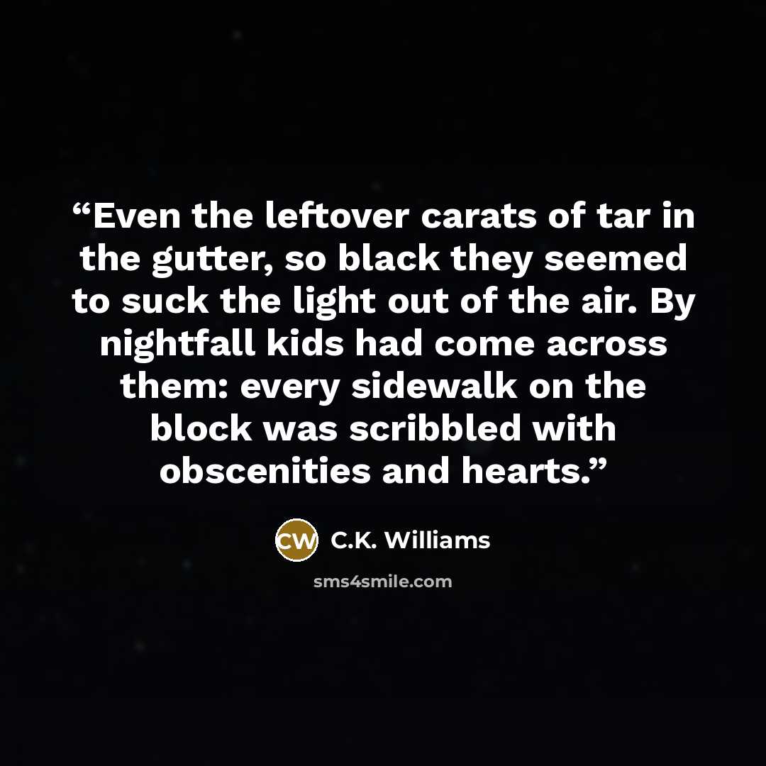 “Even the leftover carats of tar in the gutter, so black they seemed to suck the light out of the air. By nightfall kids had come across them: every sidewalk on the block was scribbled with obscenities and hearts.” quote by C.K. Williams