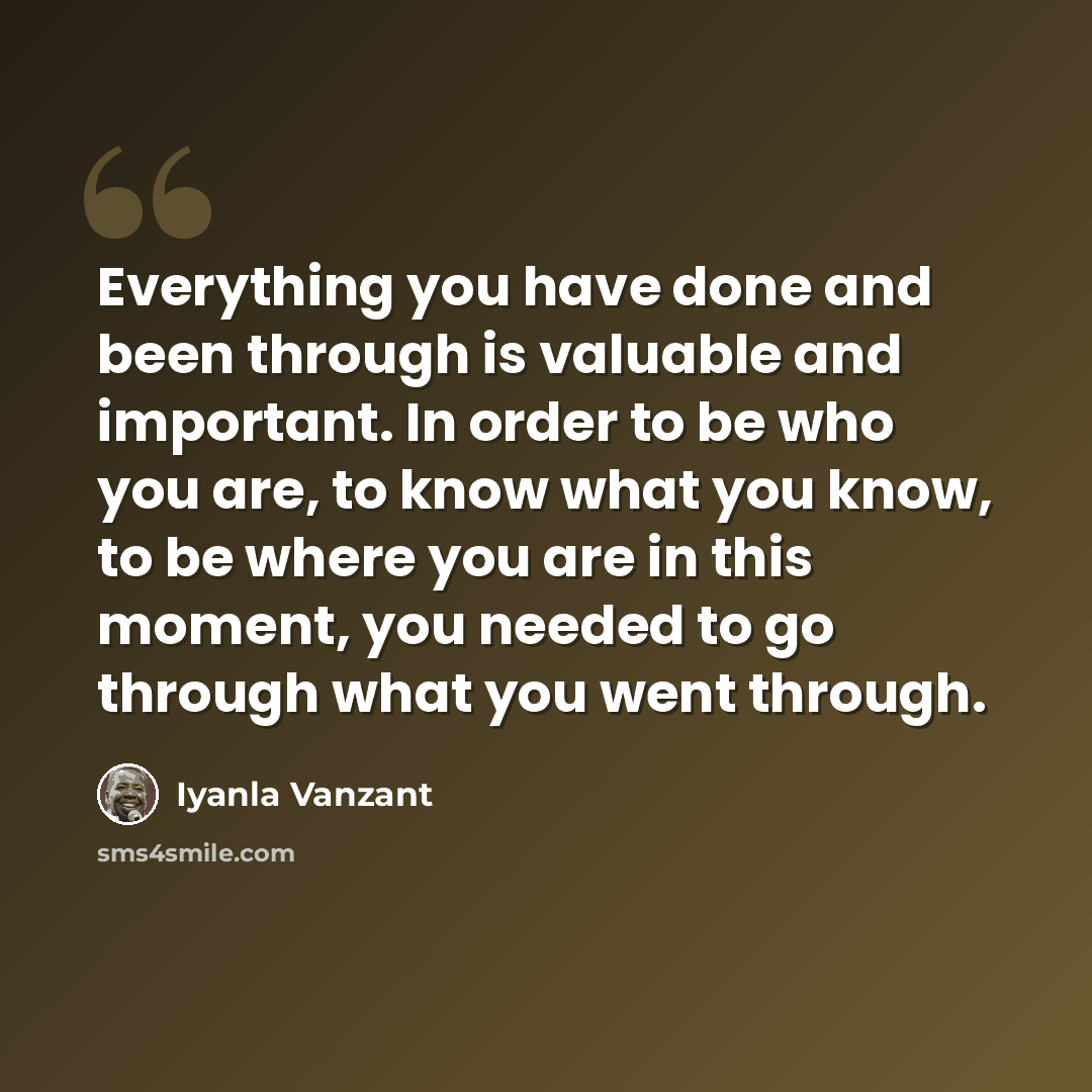 “Everything you have done and been through is valuable and important. In order to be who you are, to know what you know, to be where you are in this moment, you needed to go through what you went through.” quote by Iyanla Vanzant