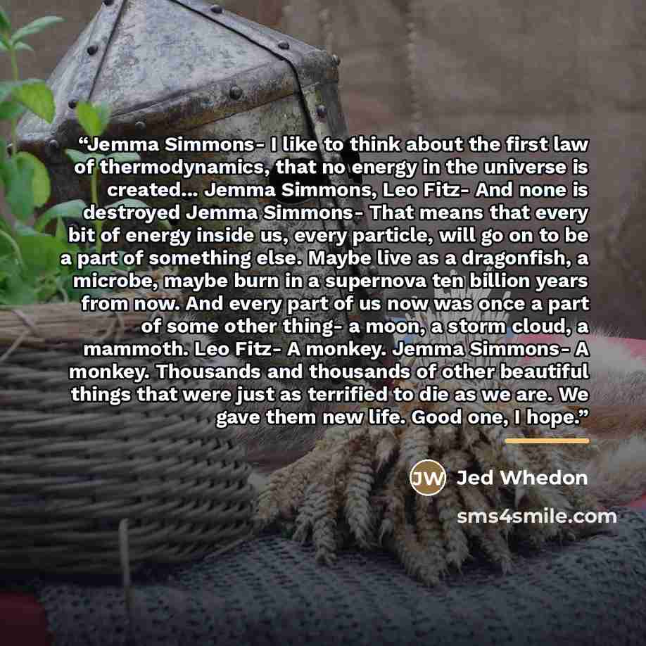 “Jemma Simmons- I like to think about the first law of thermodynamics, that no energy in the universe is created... Jemma Simmons, Leo Fitz- And none is destroyed Jemma Simmons- That means that every bit of energy inside us, every particle, will go on to be a part of something else. Maybe live as a…” quote by Jed Whedon