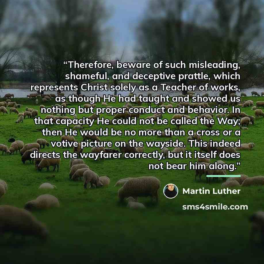 “Therefore, beware of such misleading, shameful, and deceptive prattle, which represents Christ solely as a Teacher of works, as though He had taught and showed us nothing but proper conduct and behavior. In that capacity He could not be called the Way; then He would be no more than a cross or a…” quote by Martin Luther