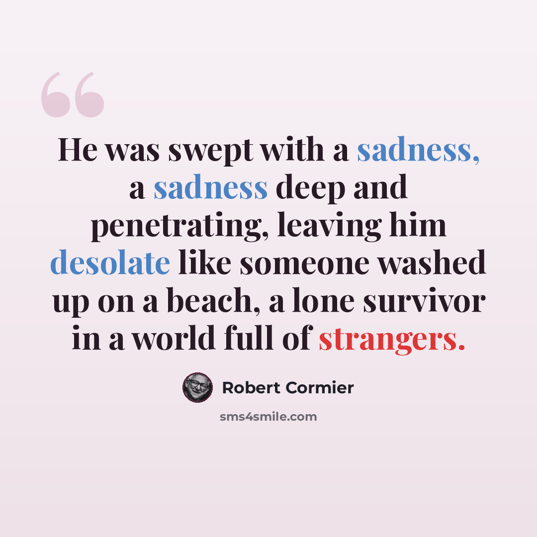 “He was swept with a sadness, a sadness deep and penetrating, leaving him desolate like someone washed up on a beach, a lone survivor in a world full of strangers.” quote by Robert Cormier