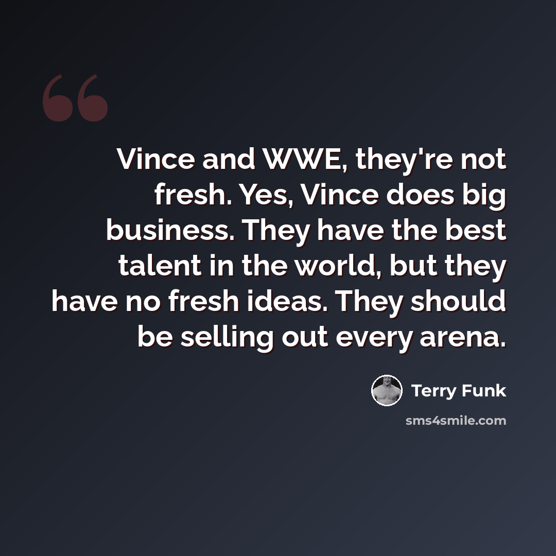“Vince and WWE, they're not fresh. Yes, Vince does big business. They have the best talent in the world, but they have no fresh ideas. They should be selling out every arena.” quote by Terry Funk