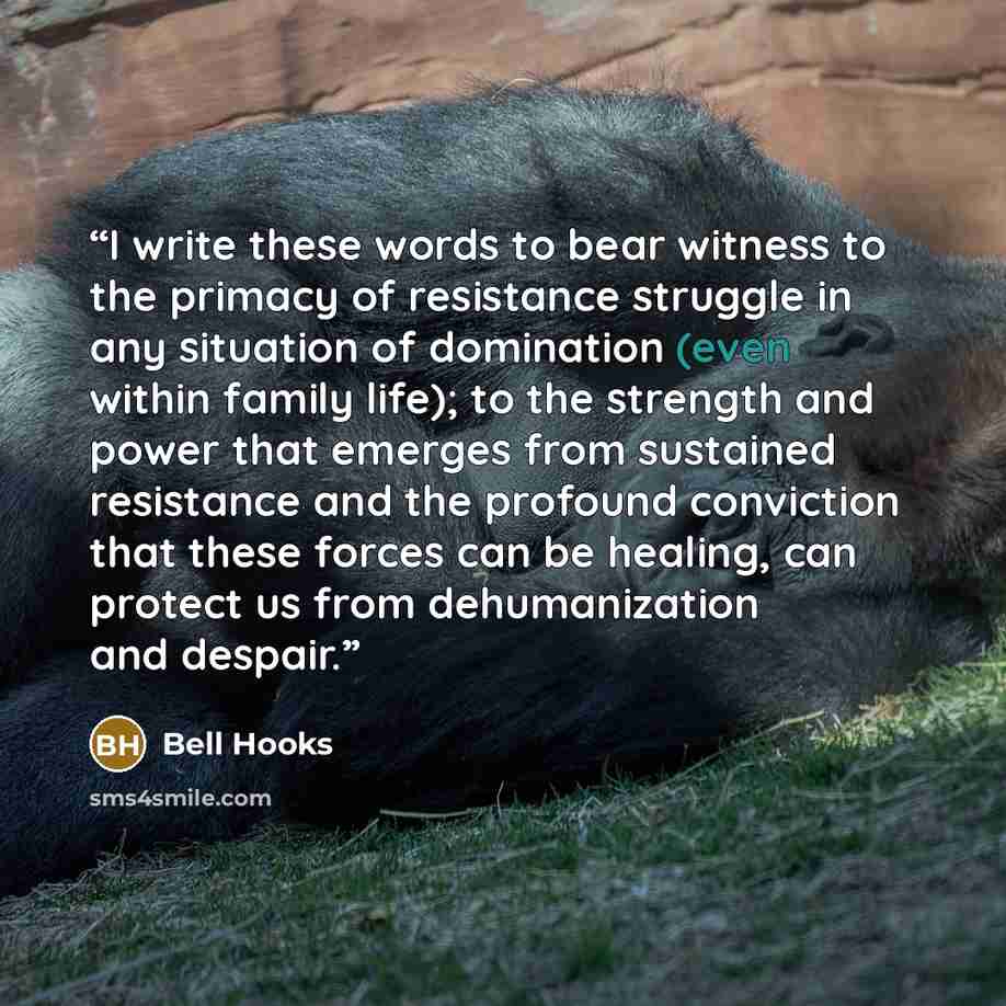 “I write these words to bear witness to the primacy of resistance struggle in any situation of domination (even within family life); to the strength and power that emerges from sustained resistance and the profound conviction that these forces can be healing, can protect us from dehumanization and…” quote by bell hooks