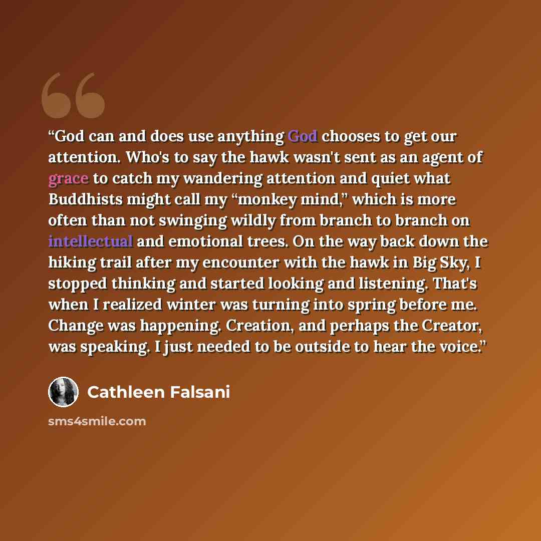 “God can and does use anything God chooses to get our attention. Who's to say the hawk wasn't sent as an agent of grace to catch my wandering attention and quiet what Buddhists might call my “monkey mind,” which is more often than not swinging wildly from branch to branch on intellectual and…” quote by Cathleen Falsani