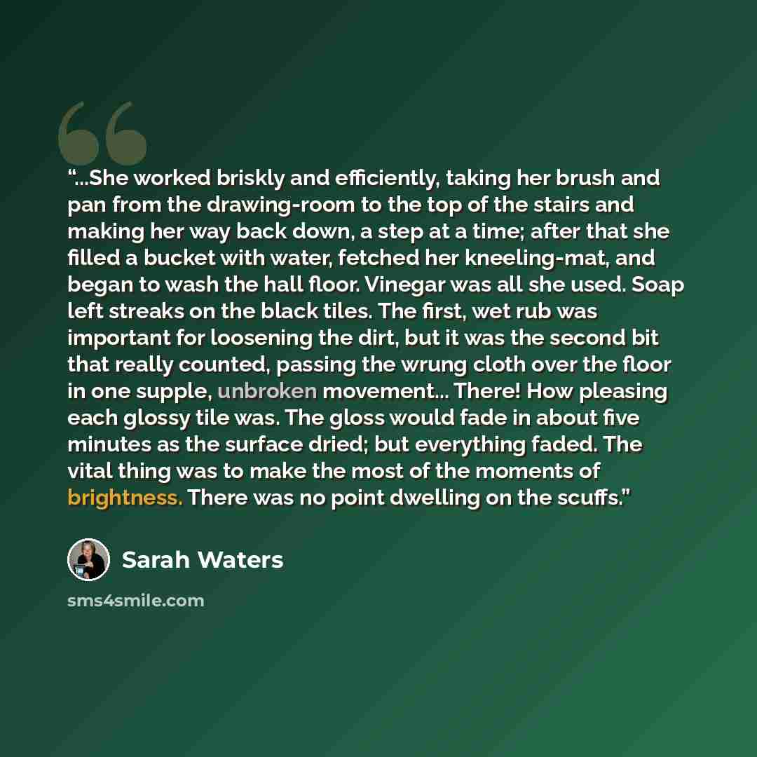 “...She worked briskly and efficiently, taking her brush and pan from the drawing-room to the top of the stairs and making her way back down, a step at a time; after that she filled a bucket with water, fetched her kneeling-mat, and began to wash the hall floor. Vinegar was all she used. Soap left…” quote by Sarah Waters