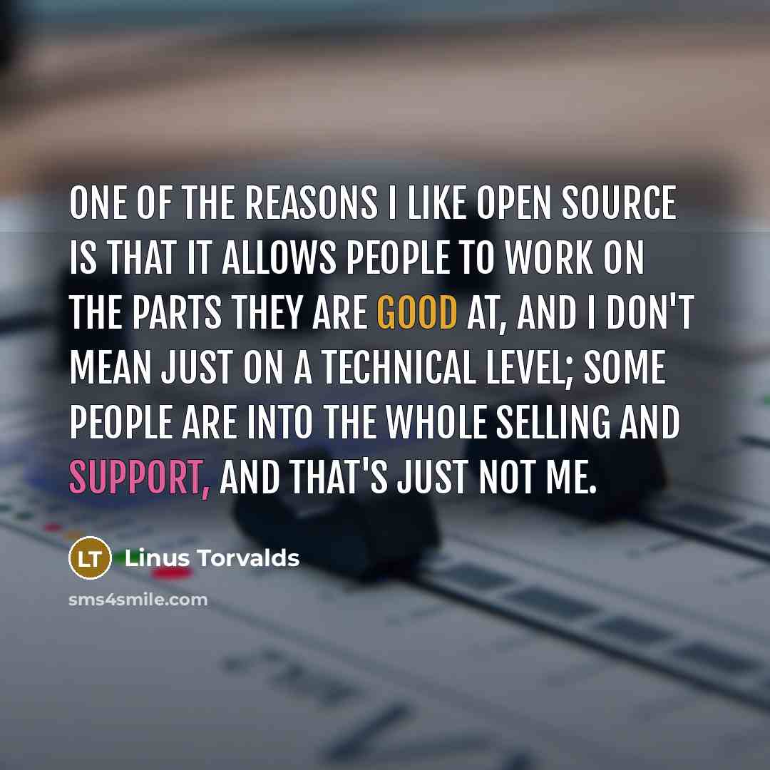 “One of the reasons I like open source is that it allows people to work on the parts they are good at, and I don't mean just on a technical level; some people are into the whole selling and support, and that's just not me.” quote by Linus Torvalds