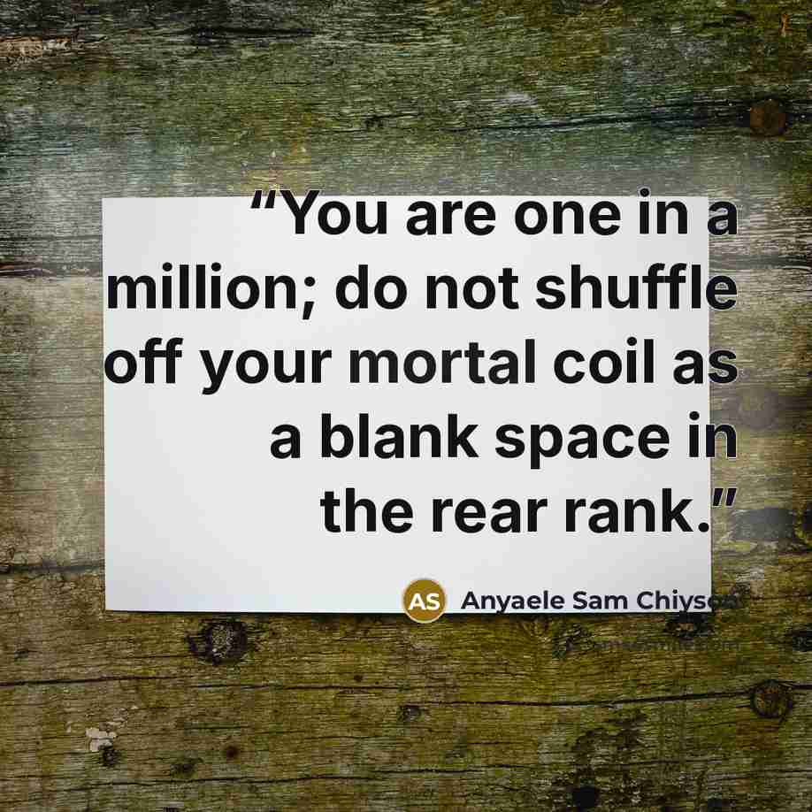 “You are one in a million; do not shuffle off your mortal coil as a blank space in the rear rank.” quote by Anyaele Sam Chiyson