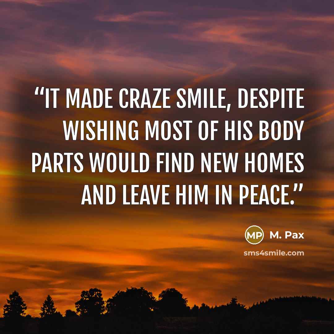 “It made Craze smile, despite wishing most of his body parts would find new homes and leave him in peace.” quote by M. Pax