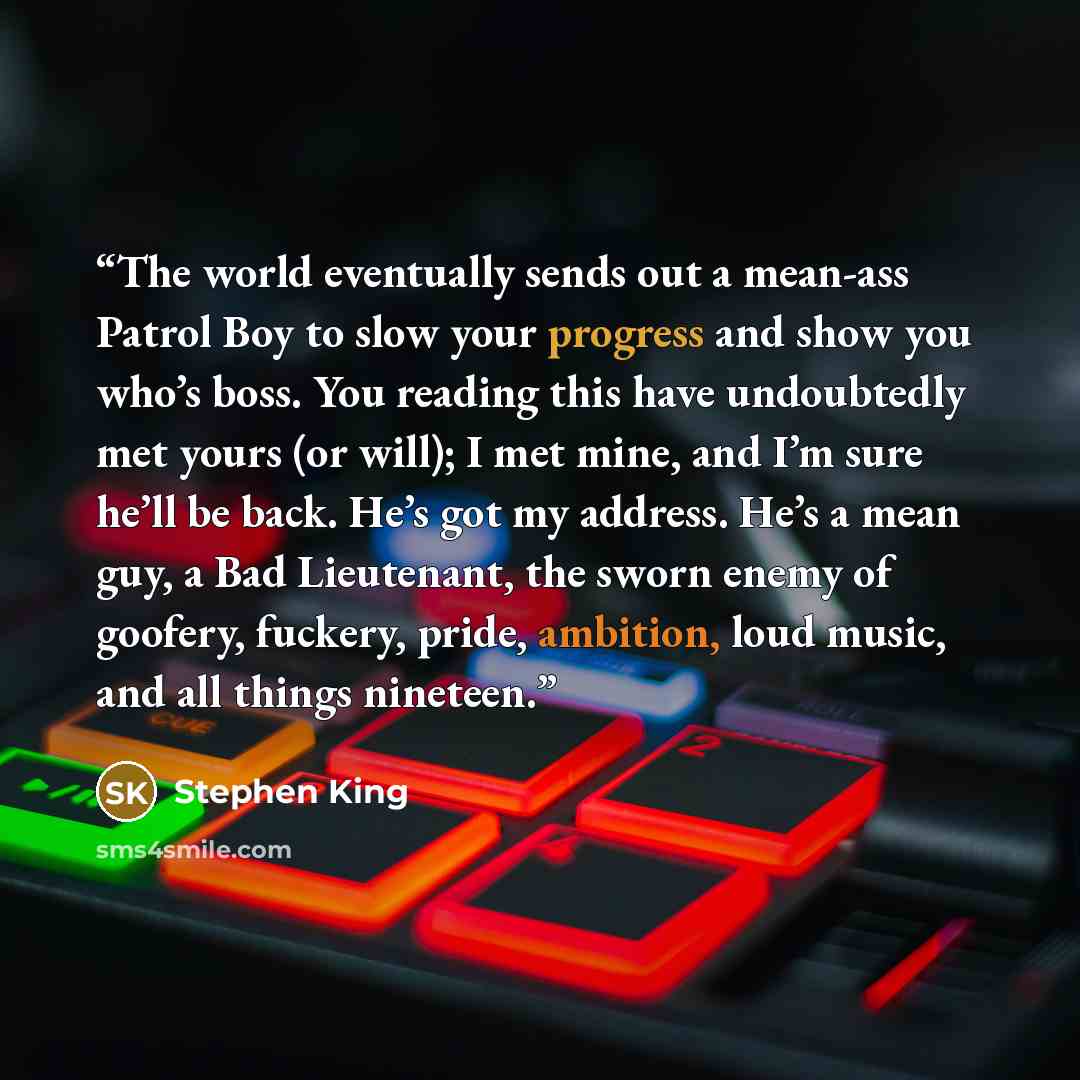 “The world eventually sends out a mean-ass Patrol Boy to slow your progress and show you who’s boss. You reading this have undoubtedly met yours (or will); I met mine, and I’m sure he’ll be back. He’s got my address. He’s a mean guy, a Bad Lieutenant, the sworn enemy of goofery, fuckery, pride…” quote by Stephen King