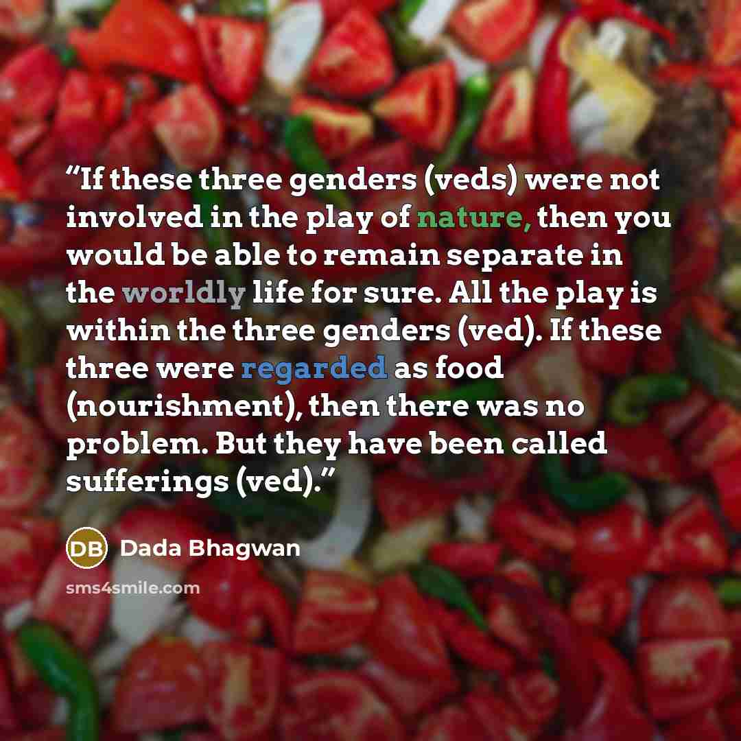 “If these three genders (veds) were not involved in the play of nature, then you would be able to remain separate in the worldly life for sure. All the play is within the three genders (ved). If these three were regarded as food (nourishment), then there was no problem. But they have been called…” quote by Dada Bhagwan