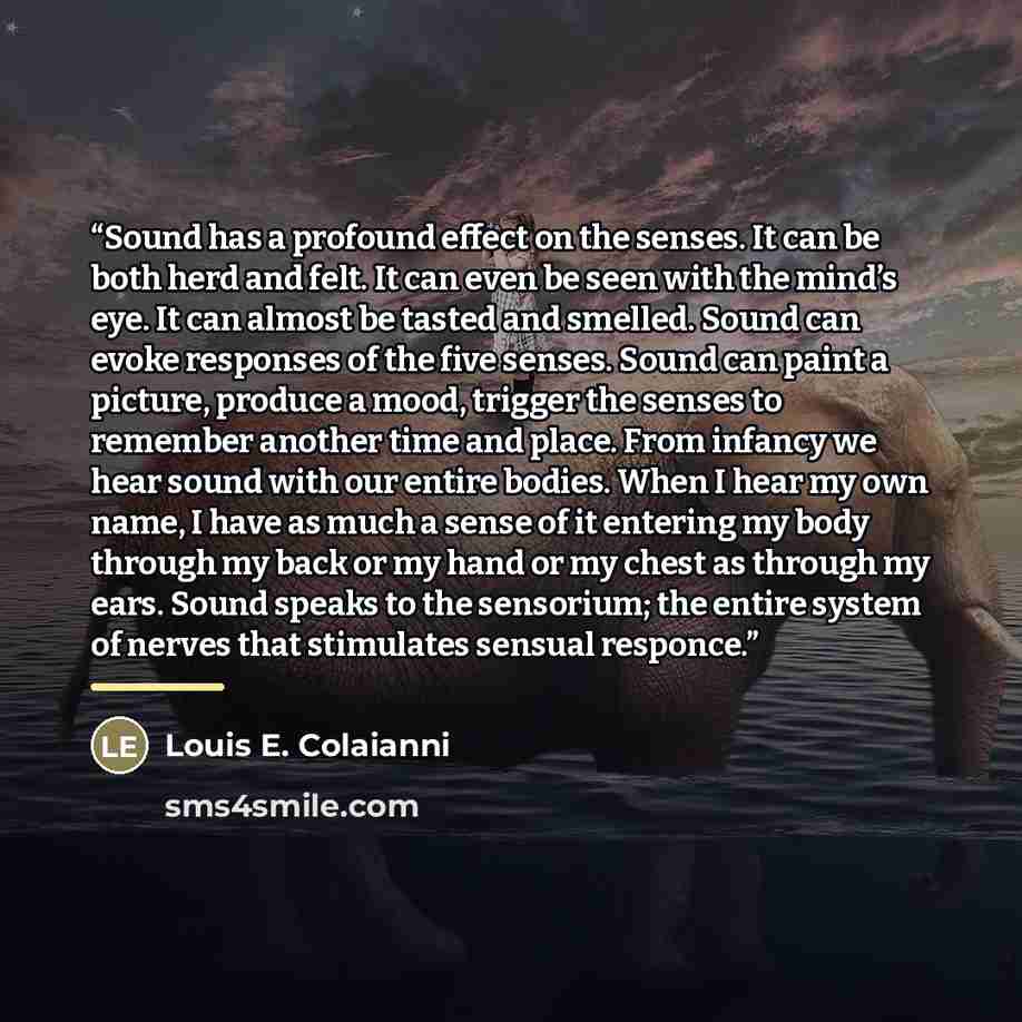 “Sound has a profound effect on the senses. It can be both herd and felt. It can even be seen with the mind’s eye. It can almost be tasted and smelled. Sound can evoke responses of the five senses. Sound can paint a picture, produce a mood, trigger the senses to remember another time and place…” quote by Louis E. Colaianni