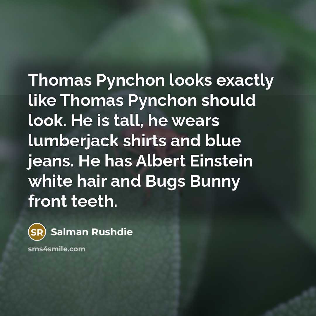 “Thomas Pynchon looks exactly like Thomas Pynchon should look. He is tall, he wears lumberjack shirts and blue jeans. He has Albert Einstein white hair and Bugs Bunny front teeth.” quote by Salman Rushdie