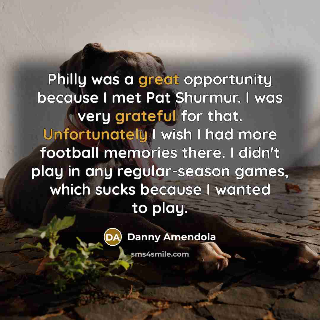 “Philly was a great opportunity because I met Pat Shurmur. I was very grateful for that. Unfortunately I wish I had more football memories there. I didn't play in any regular-season games, which sucks because I wanted to play.” quote by Danny Amendola