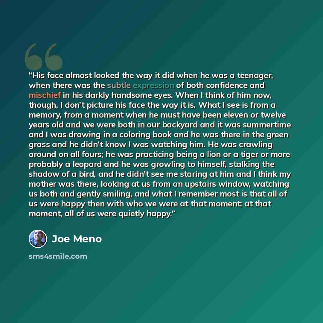 “His face almost looked the way it did when he was a teenager, when there was the subtle expression of both confidence and mischief in his darkly handsome eyes. When I think of him now, though, I don’t picture his face the way it is. What I see is from a memory, from a moment when he must have been…” quote by Joe Meno