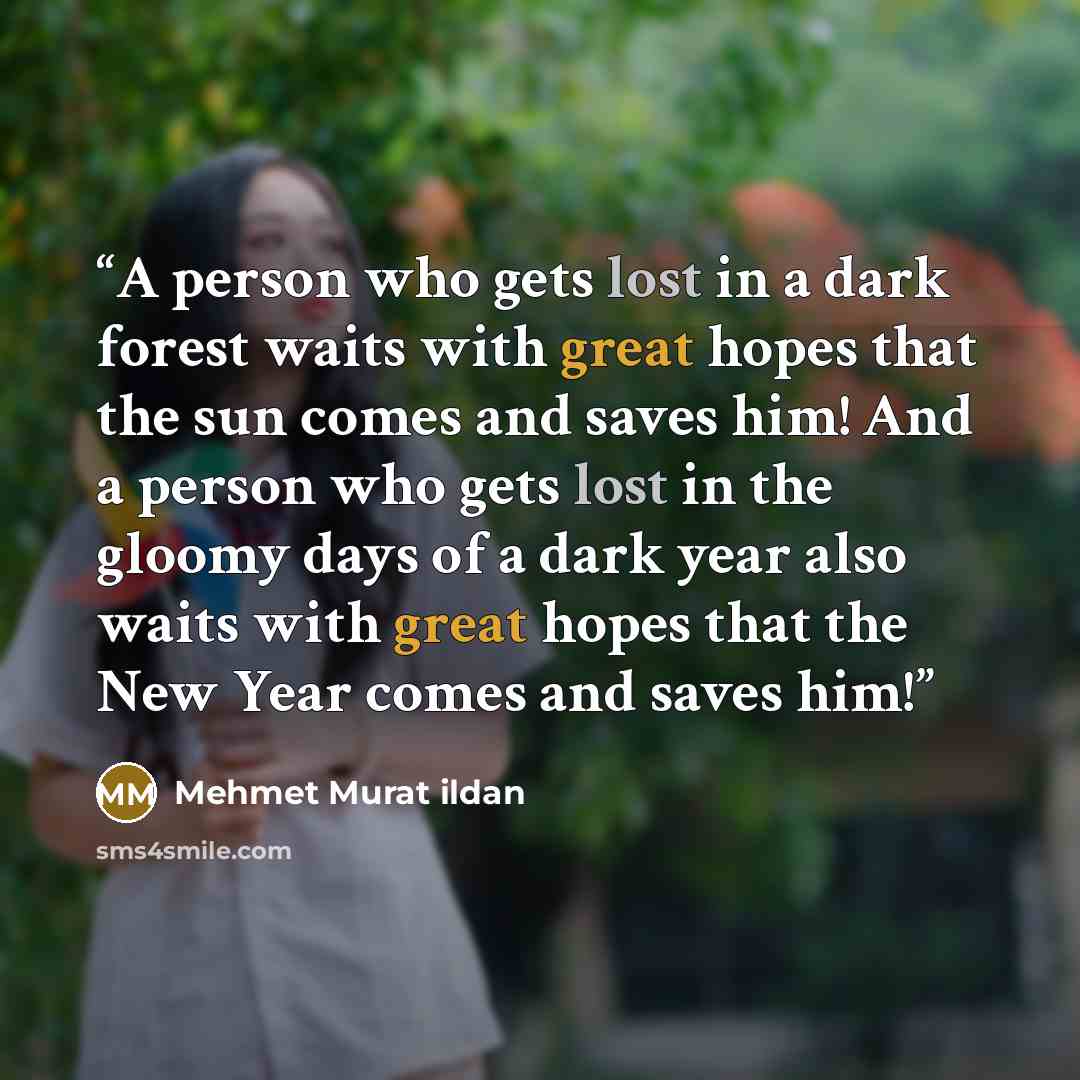 “A person who gets lost in a dark forest waits with great hopes that the sun comes and saves him! And a person who gets lost in the gloomy days of a dark year also waits with great hopes that the New Year comes and saves him!” quote by Mehmet Murat ildan