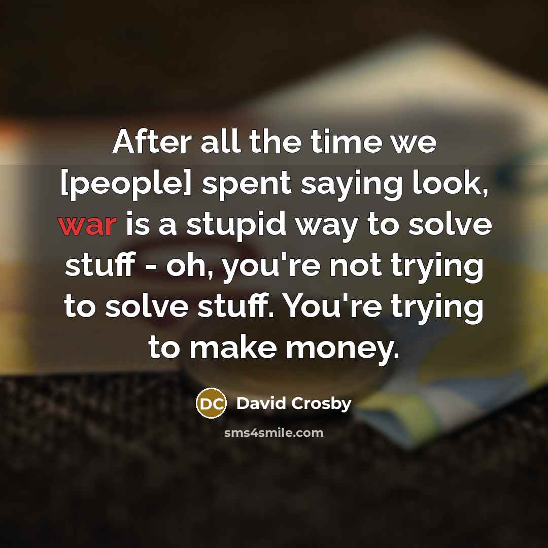 “After all the time we [people] spent saying look, war is a stupid way to solve stuff - oh, you're not trying to solve stuff. You're trying to make money.” quote by David Crosby