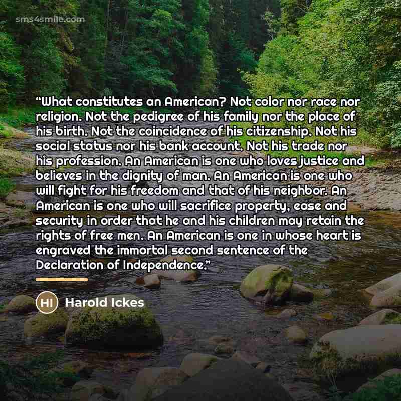 “What constitutes an American? Not color nor race nor religion. Not the pedigree of his family nor the place of his birth. Not the coincidence of his citizenship. Not his social status nor his bank account. Not his trade nor his profession. An American is one who loves justice and believes in the…” quote by Harold Ickes