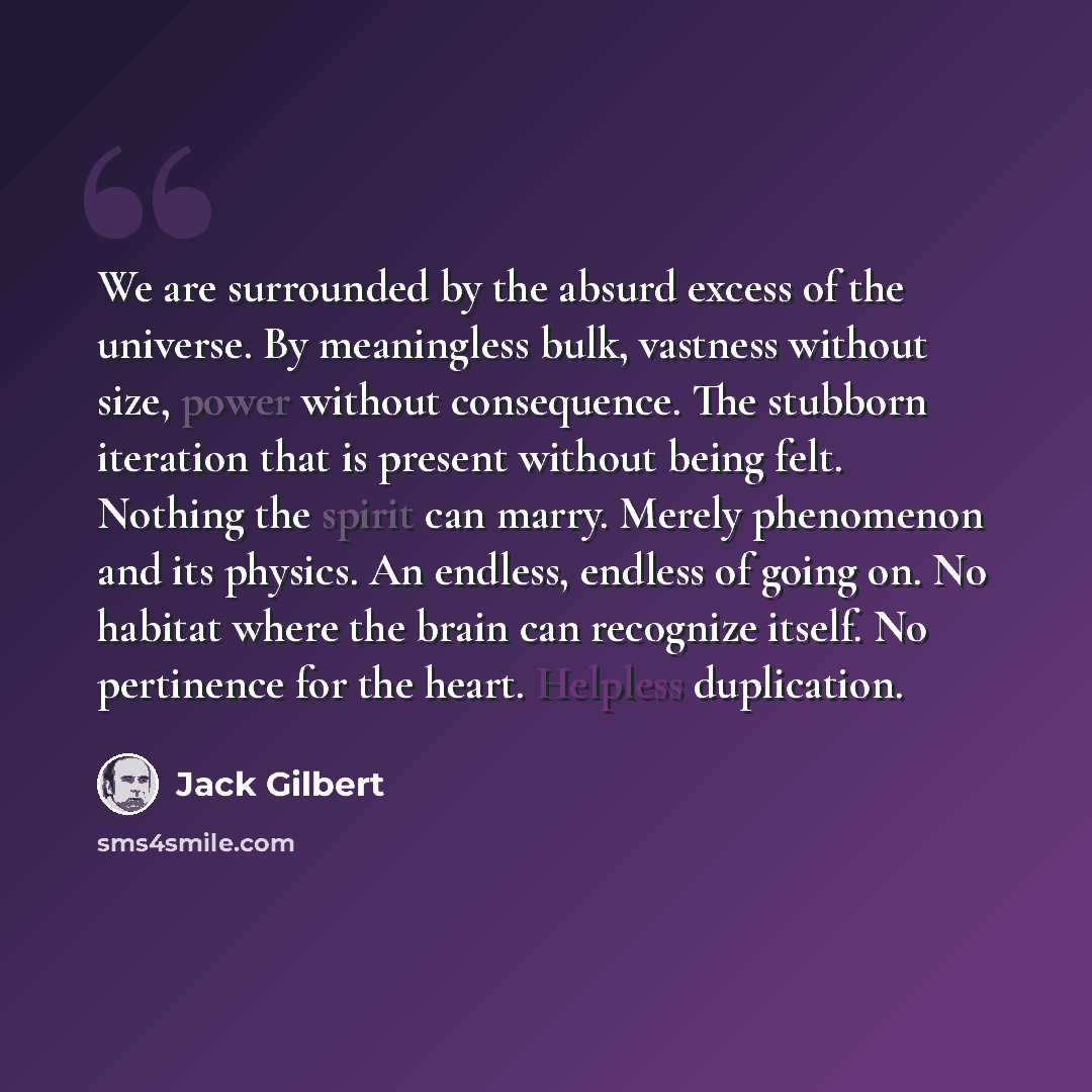 “We are surrounded by the absurd excess of the universe. By meaningless bulk, vastness without size, power without consequence. The stubborn iteration that is present without being felt. Nothing the spirit can marry. Merely phenomenon and its physics. An endless, endless of going on. No habitat…” quote by Jack Gilbert