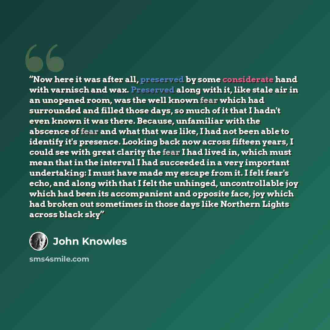 “Now here it was after all, preserved by some considerate hand with varnisch and wax. Preserved along with it, like stale air in an unopened room, was the well known fear which had surrounded and filled those days, so much of it that I hadn't even known it was there. Because, unfamiliar with the…” quote by John Knowles