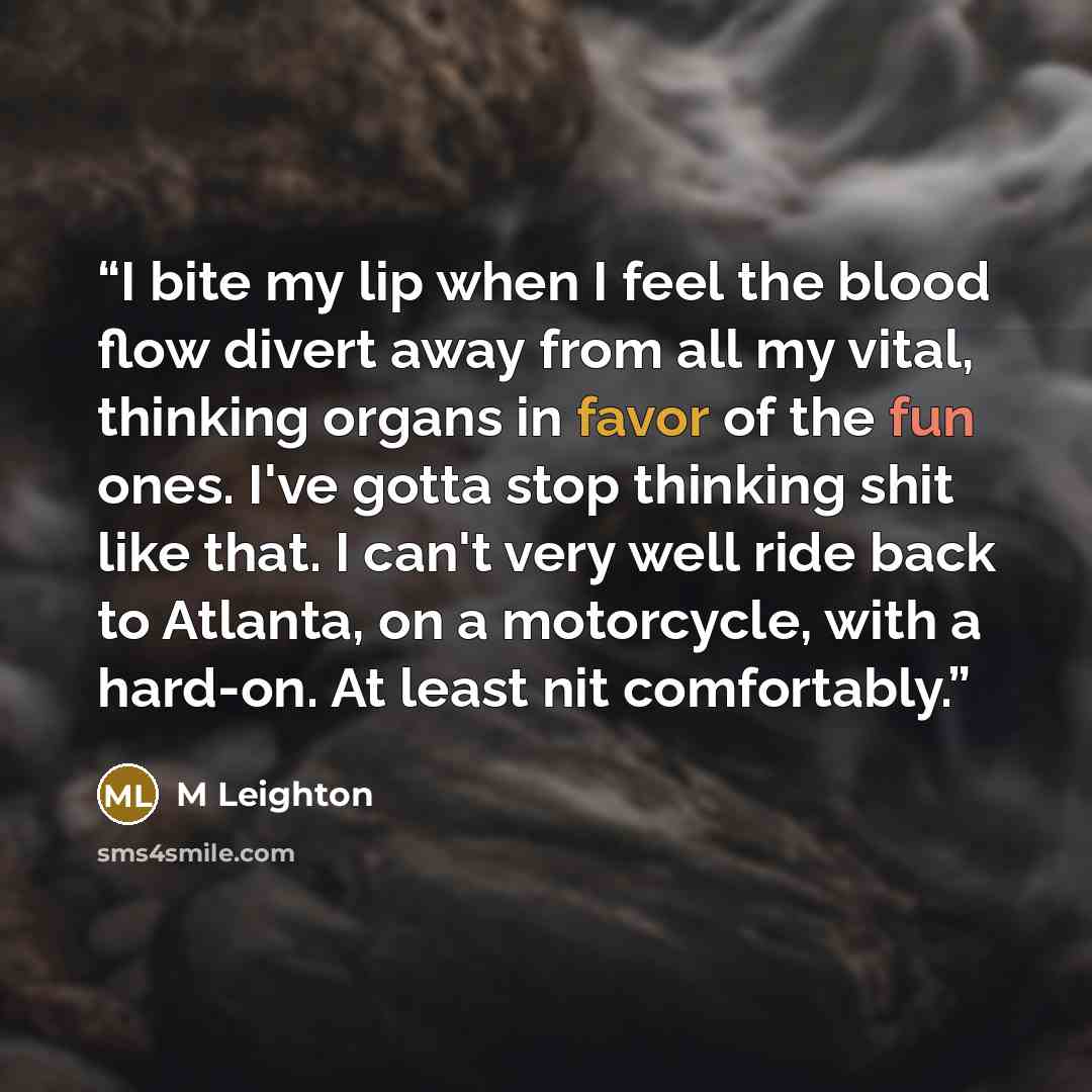 “I bite my lip when I feel the blood flow divert away from all my vital, thinking organs in favor of the fun ones. I've gotta stop thinking shit like that. I can't very well ride back to Atlanta, on a motorcycle, with a hard-on. At least nit comfortably.” quote by M Leighton